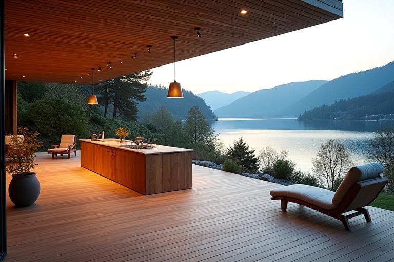 Ett utekök integrerat på en stor träterrass med utsikt över en sjö.