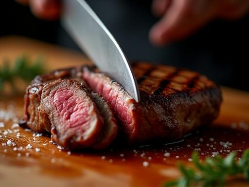 Närbild på en perfekt grillad entrecote som skivas upp.