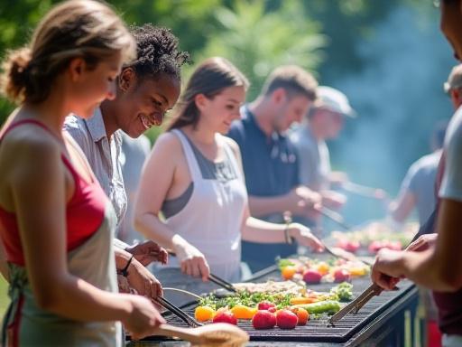 Glada deltagare på en matlagningskurs som lär sig grilla.