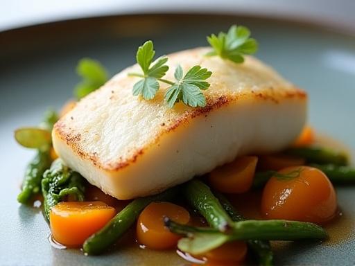 En vackert stylad tallrik med halstrad torsk och primörer.