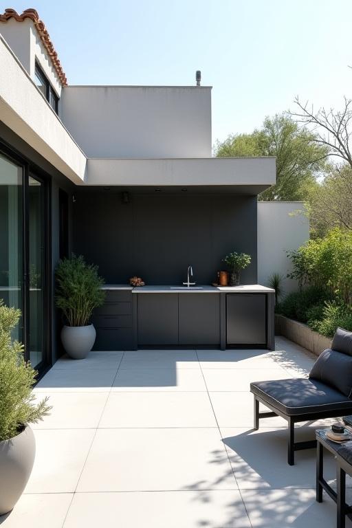 Ett minimalistiskt utekök med bänkskivor i betong och svarta detaljer.