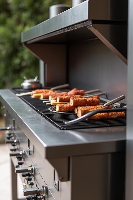 En specialbyggd argentinsk parrilla-grill i rostfritt stål med vedkorg.