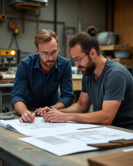 Grundarna av Lövfall Mat som diskuterar en design i sin verkstad.