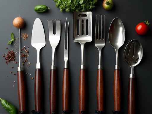 En samling av premium grillverktyg snyggt upplagda.