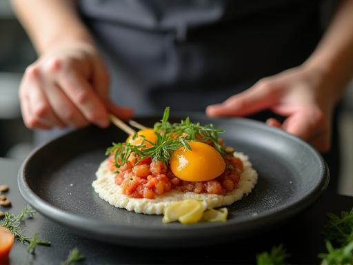 En matstylist som arrangerar en tallrik för fotografering.