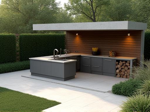 En 3D-rendering av en skräddarsydd uteköksdesign.